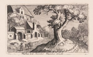 Mand med et æsel går forbi en landsby, fra Topographia Variarum Regionum af Simon Frisius