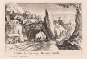 Par af figurer, der går under en stenbro, fra Topographia Variarum Regionum af Simon Frisius