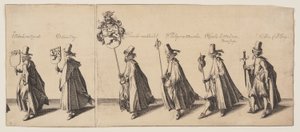 Procession af seks personer foran en hest, fra Brederodes begravelse af Simon Frisius