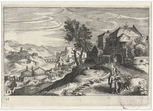 Ådal med bygninger Sydeuropæiske landskaber (serietitel) Topographia variarum regionum (serietitel) af Simon Frisius