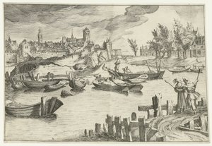 Flodlandskab med en by i baggrunden Landskaber med figurer (serietitel) af Simon Frisius