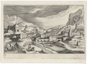 Bybillede i en floddal Sydeuropæiske landskaber (serietitel) Topographia variarum regionum (serietitel) af Simon Frisius