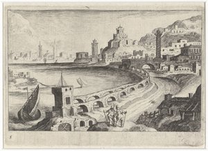 Bybillede med en akvædukt Sydeuropæiske landskaber (serietitel) Topographia variarum regionum (serietitel) af Simon Frisius