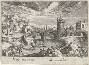 Bybillede med en flod Forskellige landskaber (serietitel) Topographia variarum regionum (serietitel) af Simon Frisius