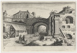 Bybillede med en ruin Sydeuropæiske landskaber (serietitel) Topographia variarum regionum (serietitel) af Simon Frisius