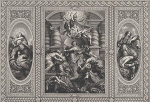 James I udnævnte Charles til konge af Skotland i centrum, Minerva stod i spidsen for Uvidenhed ved ri..., 1720.