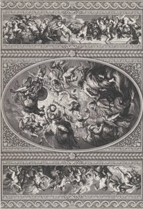 Apoteosen af James I i en oval i midten, friser med putti og guirlander på enten ..., 1720.
