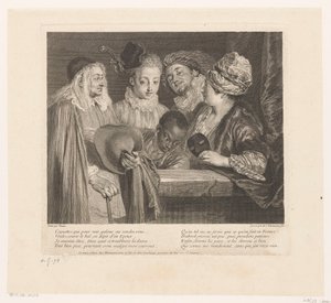 Gezelschap af fem skuespillere ved en brystning The Coquettes Værk af Antoine Watteau (serietitel) Værket af Antoine Watteau, maler for kongen i hans Royal Academy of Painting and Sculpture (...) (serietitel) af Simon Henri Thomassin