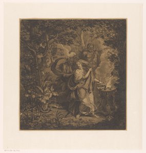 Mytologisk scene med en ofrende dronning i en skov, muligvis Althaea, og tre gorgonianere af Simon Henri Thomassin