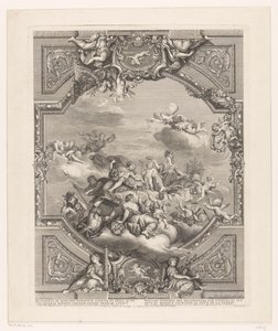 Loftmaleri i Versailles: Apollo uddeler belønninger til kunst og videnskab, Minerva kroner Frankrigs genialitet af Simon Henri Thomassin