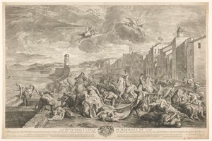Byldepest ofre bliver slået ned i La Tourette, Marseille La Peste dans la ville de Marseille en 1720 (titel på objektet) af Simon Henri Thomassin