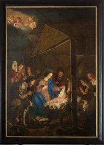 Sognekirke (Vor Frue af Himmelfartskirken). Interiør. maleri. Julescene. Simon DePaepe. Oprindelse klosteret Ename (?).