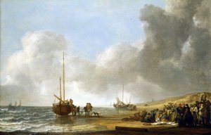 En scene på Scheveningen-stranden (Haag, Holland), havet til venstre og sandklitter til højre, i midten en fiskerbåd på køl og en gruppe fiskere