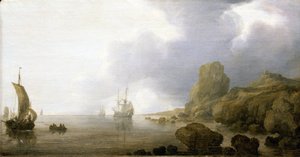 Både i det lave vand i en klippefyldt bugt, en romantisk og idealiseret vision. Olie på træ af Simon de Vlieger (1600-1653).