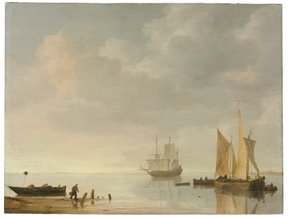 Kystscene med skibe, der hviler på roligt vand