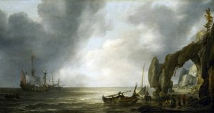 Hollandske krigsskibe ankrede op ud for en klippekyst, nogle få besætningsmedlemmer gik i land, samlet omkring fiskekurve