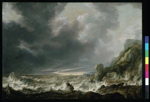 Skib i nød ud for en klippekyst, ca. 1645 (olie på træ)