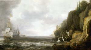 Forsyninger til en eskadre af hollandske krigsskibe, der ligger for anker ud for en klippekyst, flere sømænd er grupperet på stranden af Simon Jacobsz. Vlieger
