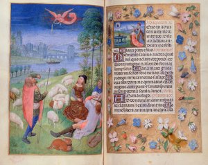 Tilføj 38126 fol.79v-80 Bebudelsen til hyrderne, fra Huth Hours