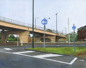 Betonoverkørsel og vejkryds, 2024 (olie på lærred) af Simon Neville