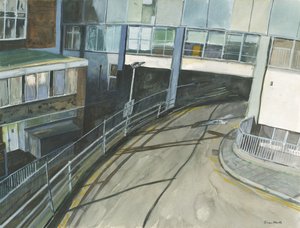 Indgang til taxa på jernbanestationen, 2019 (akvarel og gouache på papir) af Simon Neville