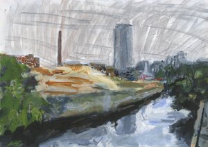 River Wandle and Ram Brewery redevelopment site, Wandsworth, 2025 (akryl, akrylmalingspenne, tuschpenne, oliebaserede tuschpenne og grafit på papir) af Simon Neville