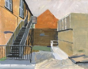 Small courtyard, Wandsworth, 2025 (akryl, akrylmalingspenne, tuschpenne, oliebaserede tuschpenne og grafit på papir) af Simon Neville