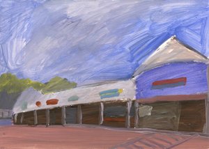 Strip Mall 4, 2023 (akryl på papir) af Simon Neville