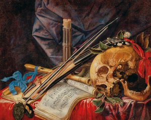 Vanitas stilleben med bratsch, klarinet, kranium, partiturer og stearinlys.