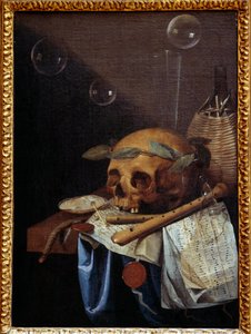 Vanite-stilleben af kraniekrone af laurbær, fløjter, partitur og vinkande. Maleri af Simon Bernard af Sankt Andre (1613-1677) 1600-tallet søn. 0,6x0,43 m Lyon, Musee des Beaux Arts