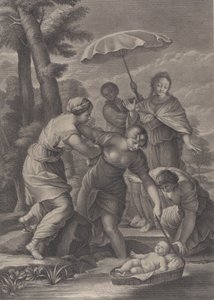 Tre kvinder trækker i kurven med spædbarnet Moses fra vandet, ca. 1729. af Simon Vallee