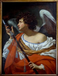 The angel carrying the spear having pierced the heart of Christ and the sponge soaked in vinegar Painting by Simon Vouetdani af Simon Vouet