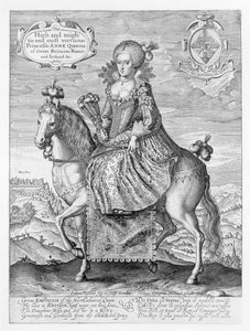 Ridesportræt af Anne af Danmark (1574-1619) indgraveret af kunstneren, pub. af Compton Holland, 1616 af Simon de Passe