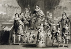 Hans Majestæt James I og hans kongelige efterkommere sammen med kongen af Bøhmens familie, graveret af Charles Turner (1773-1857), 1814
