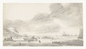 Strandscene med shellfiskere og vandrere af Simon de Vlieger (possibly)
