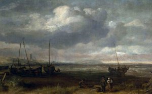 Havet i Scheveningen med fiskerbåde af Simon de Vlieger