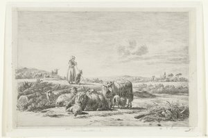 Landskab med en hyrdinde og hund med en flok får