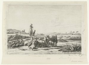 Landskab med en hyrdinde og hund med en flok får