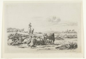 Landskab med en hyrdinde og hund med en flok får