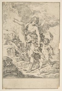 En skytsengel går med et barn, ca. 1640. af Simone Cantarini