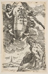 Allegori over Foglia-floden med byen Pesaros våbenskjold, frontispice for ..., ca. 1639. af Simone Cantarini