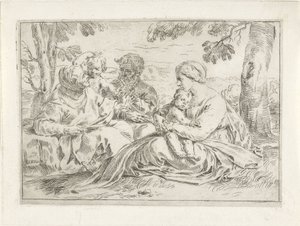 Hellig Familie med Elizabeth og den unge Johannes Døberen af Simone Cantarini