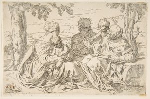 Hellig familie med Saint Elizabeth og Saint John the Baptist, ca. 1639. af Simone Cantarini