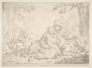 Hellig familie med Johannes Døberen, ca. 1637-1640. af Simone Cantarini