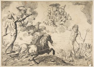 Jupiter, Neptun og Pluto ofrer deres kroner til kardinal Borgheses arme, 1642-43. af Simone Cantarini