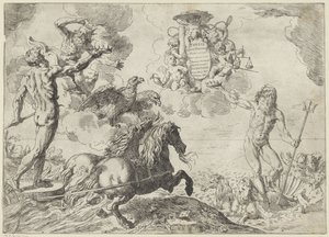 Jupiter, Neptun og Pluto tilbyder deres kroner til kardinal Scipione Borgheses arme Speciale Jupiter, Neptun og Pluto coronas suas offerunt armis (titel på objekt)