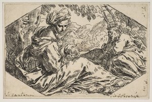 Hvil i Egypten, Maria holder og ser på spædbarnet Kristus, mens St. Joseph s..., ca. 1637-1639. af Simone Cantarini