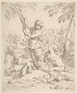 Hvil i Egypten, Maria ammer spædbarnet Kristus, mens en engel trækker i grene, ca. 1639. af Simone Cantarini
