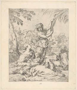 Hvil i Egypten, Maria ammer spædbarnet Kristus, mens en engel trækker i en gren..., ca.1630-1648. af Simone Cantarini