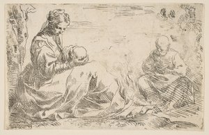Hvil på flugten til Egypten, Maria holder og ser på spædbarnet Kristus, mens St...., ca. 1637. af Simone Cantarini